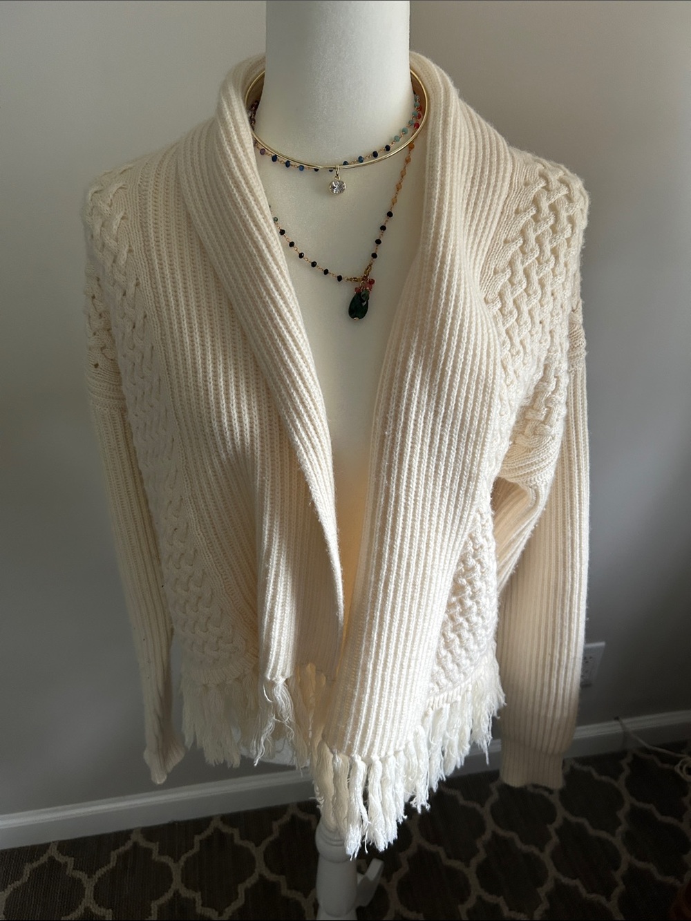 INTERMIX Ivory Cable-Knit Fringe Shawl Cardigan